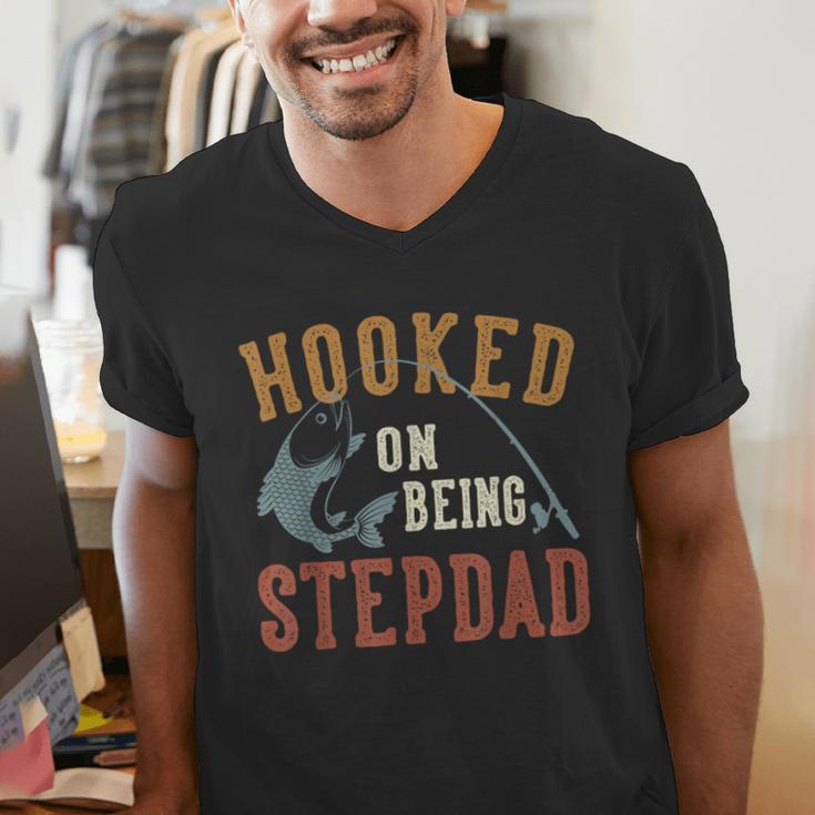 Hooked On Being Stepdad Father's Day Fishing Stepdad Men's V-Neck T-Shirt