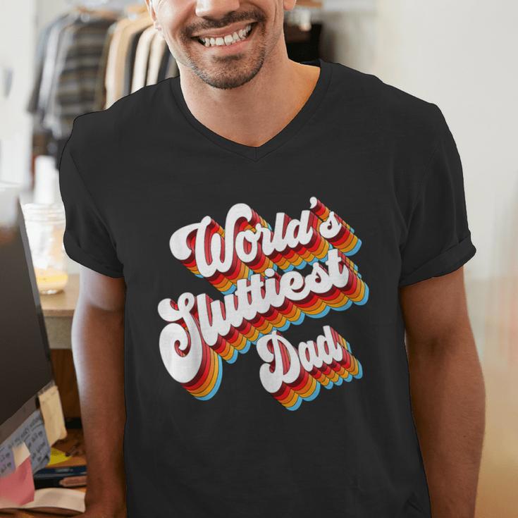 Humor Sarcastic Father's Day Adult Jokes World's Sluttiest Dad Small Men's V-Neck T-Shirt