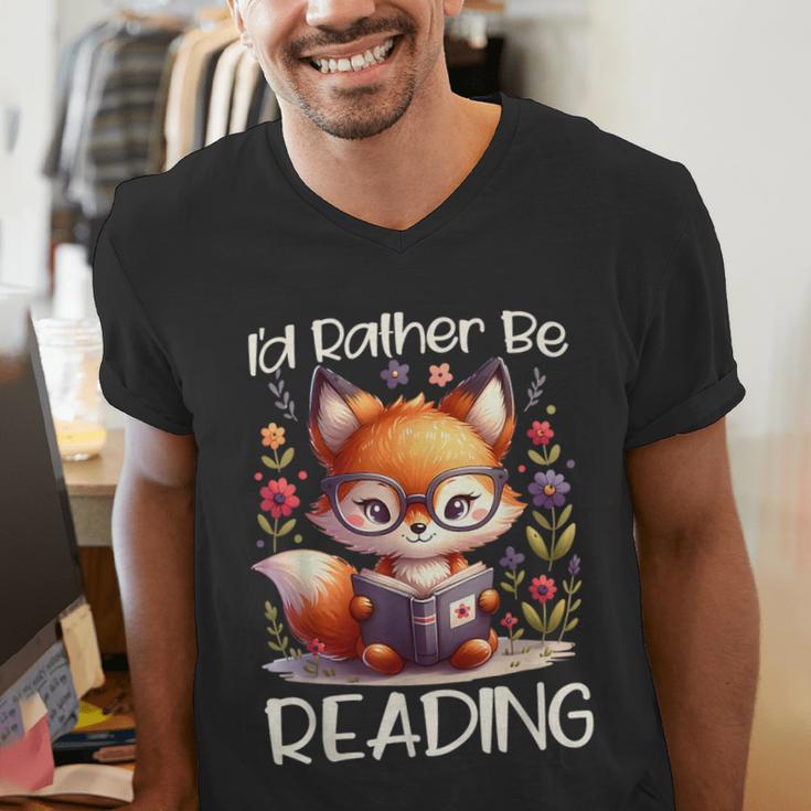 I'd Rather Be Reading Cute Fox Book Lover Reader Bookworm Men's V-Neck T-Shirt