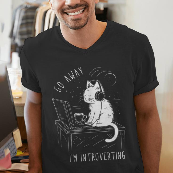Introvert Cat With Coffee On Computer Antisocial Emo Goth Men's V-Neck T-Shirt Introvert Cat With Coffee On Computer Antisocial Emo Goth Men's V-Neck T-Shirt