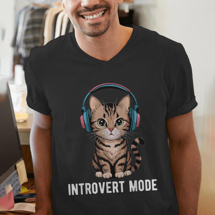 Introvert Mode Cat With Headphones Kitten Lover Men's V-Neck T-Shirt Introvert Mode Cat With Headphones Kitten Lover Men's V-Neck T-Shirt