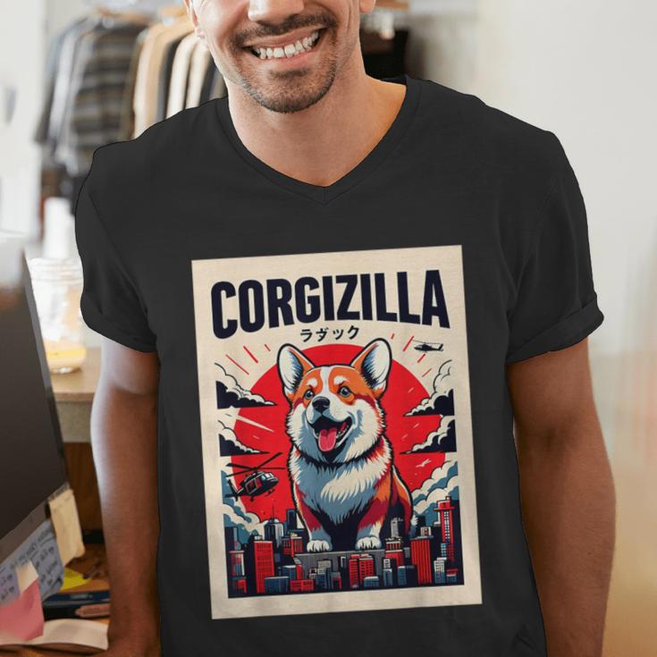 Japanese Art Corgi Dog Mom Dad Men's V-Neck T-Shirt