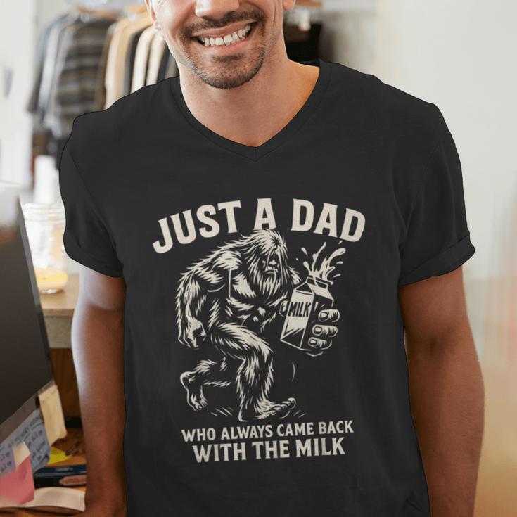 Just a Dad Who Always Came Back With The Milk Shirt Bigfoot Men's V-Neck T-Shirt