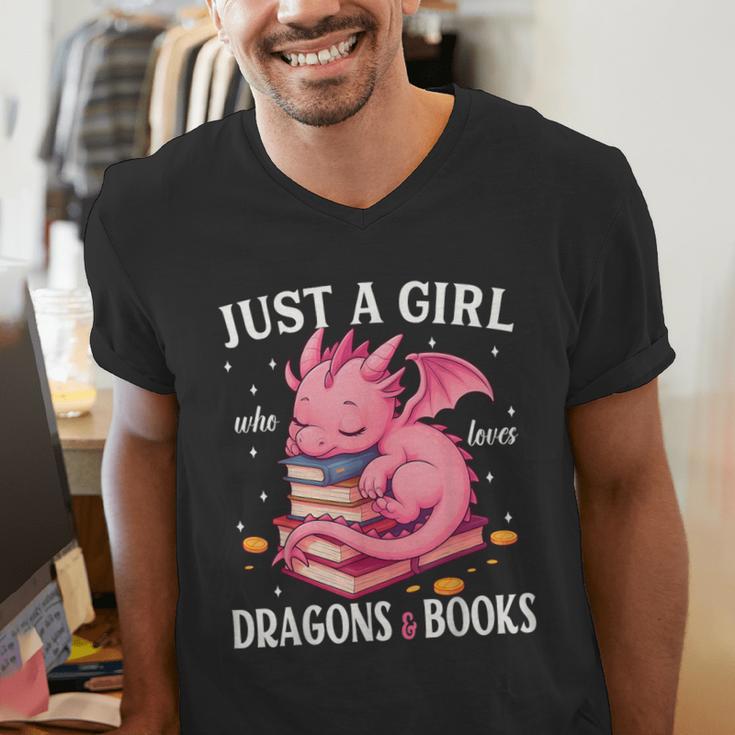 Just A Girl Who Loves Dragons And Books Dragon Reading Lover Men's V-Neck T-Shirt