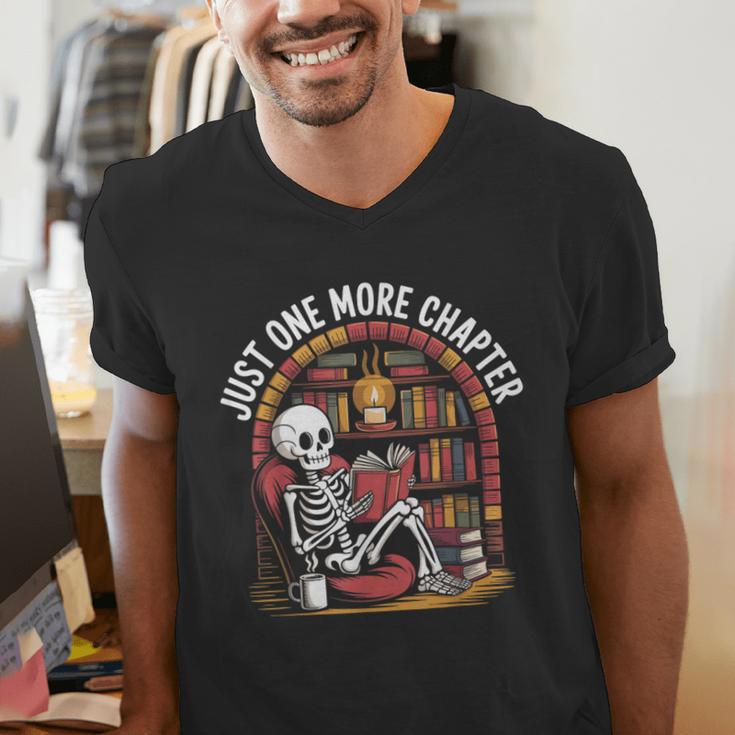 Just One More Chapter Skeleton Reading Cozy Books Men's V-Neck T-Shirt Just One More Chapter Skeleton Reading Cozy Books Men's V-Neck T-Shirt