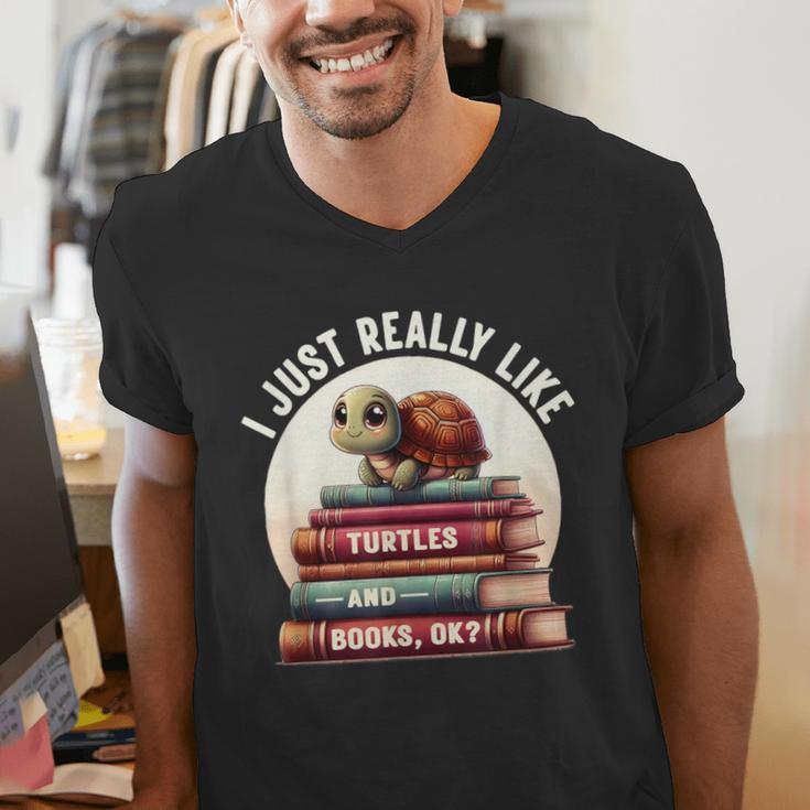 I Just Really Like Turtles And Books OK Turtle Reading Men's V-Neck T-Shirt I Just Really Like Turtles And Books OK Turtle Reading Men's V-Neck T-Shirt