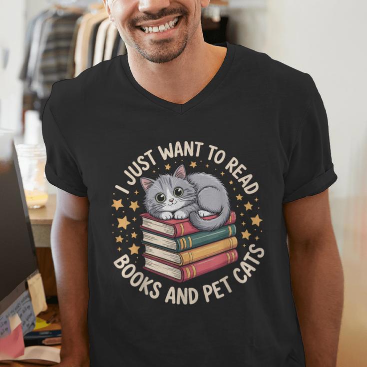 I Just Want To Read Books And Pet Cats Cat And Book Men's V-Neck T-Shirt I Just Want To Read Books And Pet Cats Cat And Book Men's V-Neck T-Shirt