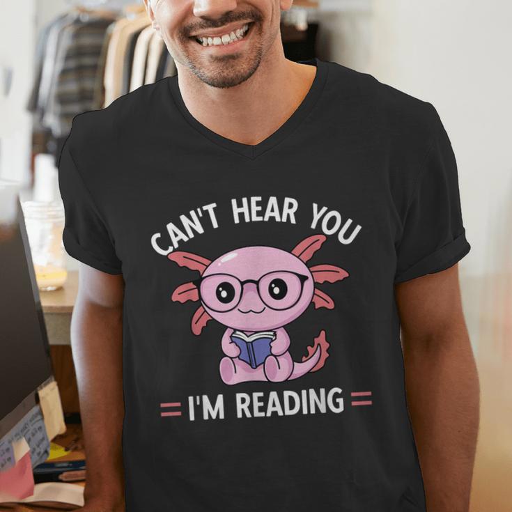 Kawaii Axolotl Can't Hear You I'm Reading Book Lover Men's V-Neck T-Shirt