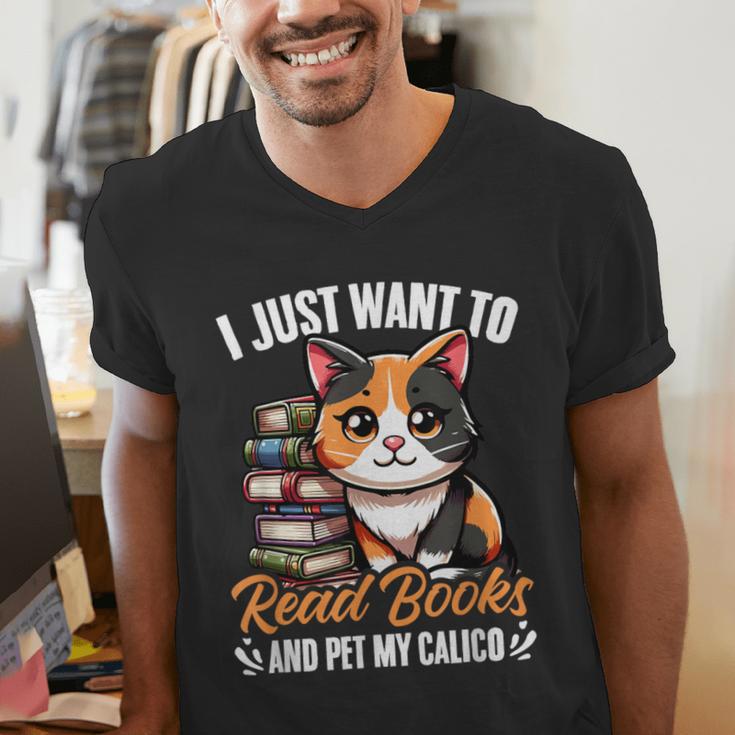 Kawaii Feline Book Reading Read Books Pet My Calico Cat Men Women Men's V-Neck T-Shirt Kawaii Feline Book Reading Read Books Pet My Calico Cat Men Women Men's V-Neck T-Shirt