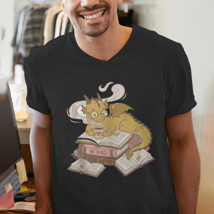 Be Kind Stay Weird Read Books Cute Dragon Men's V-Neck T-Shirt Be Kind Stay Weird Read Books Cute Dragon Men's V-Neck T-Shirt