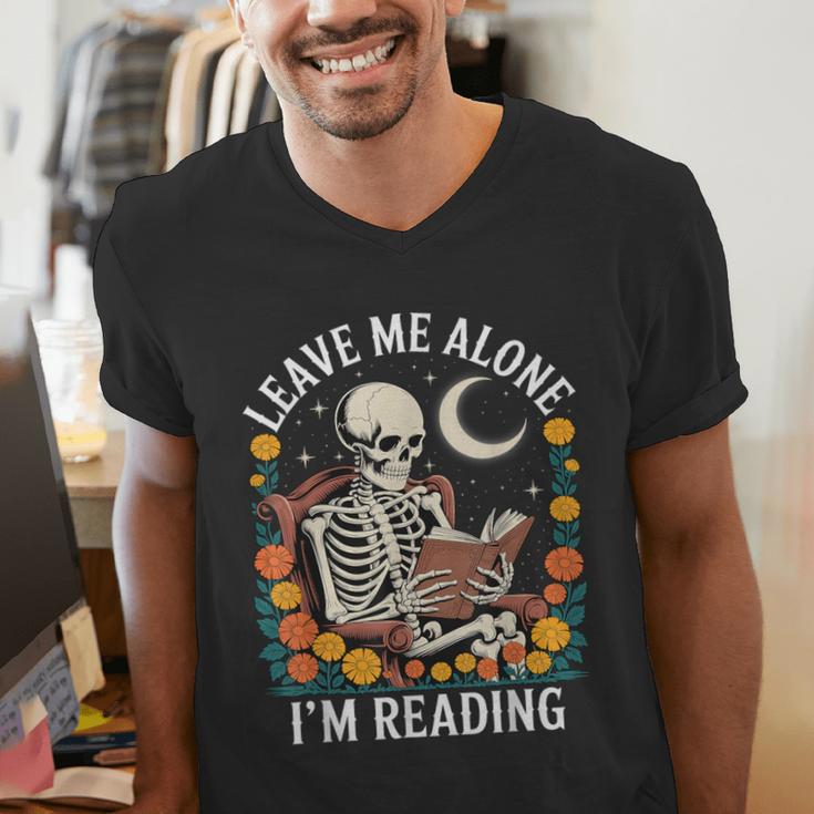Leave Me Alone Skeleton Reading Book Floral Moon Librarian Men's V-Neck T-Shirt Leave Me Alone Skeleton Reading Book Floral Moon Librarian Men's V-Neck T-Shirt
