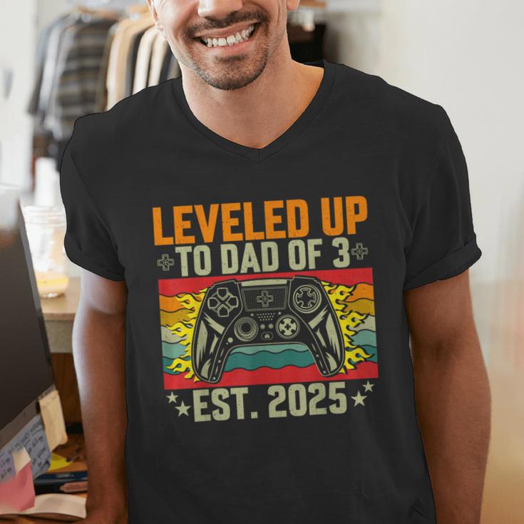 Leveled Up To Dad Of 3 Three Daddy Again 2025 Father's Day Men's V-Neck T-Shirt