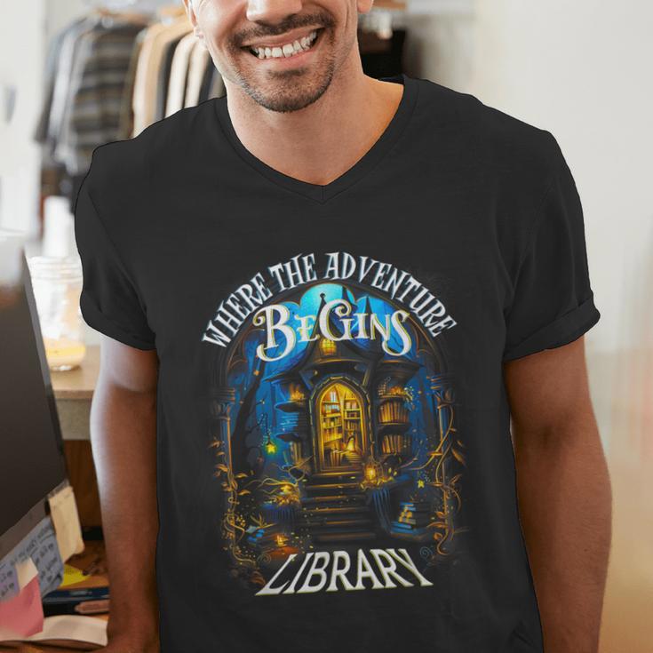 Library Where The Adventure Begins Book Reading Quote Men's V-Neck T-Shirt