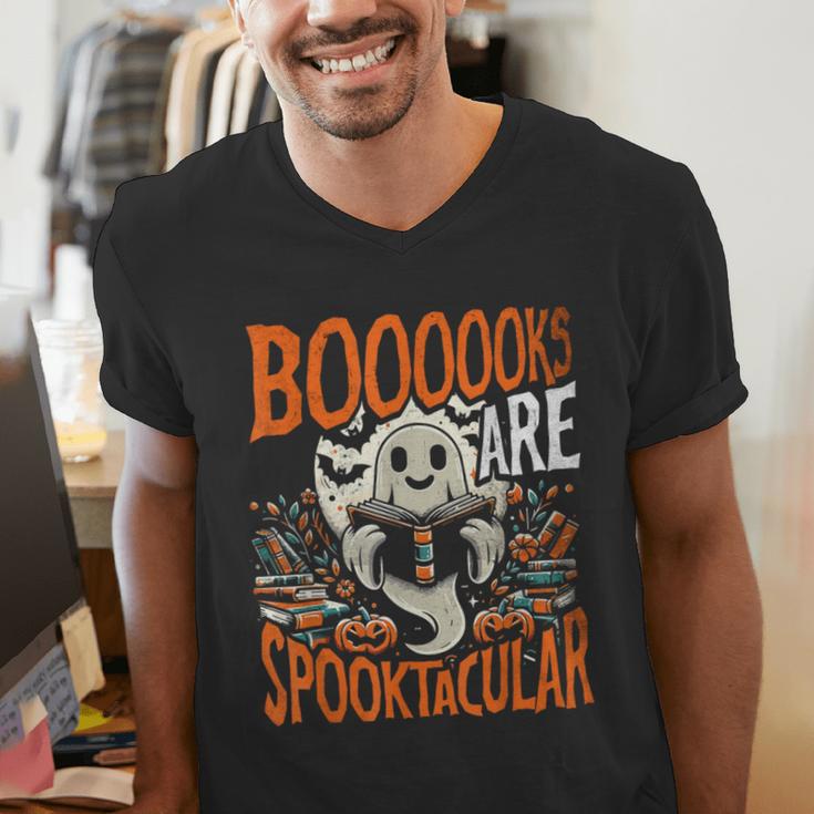 Library Halloween Book Lover Ghost With Books Men's V-Neck T-Shirt