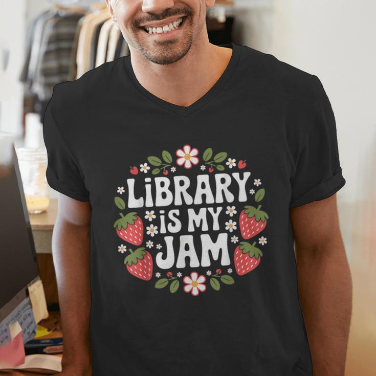 Library Is My Jam Librarian Book Lover Strawberry Men's V-Neck T-Shirt