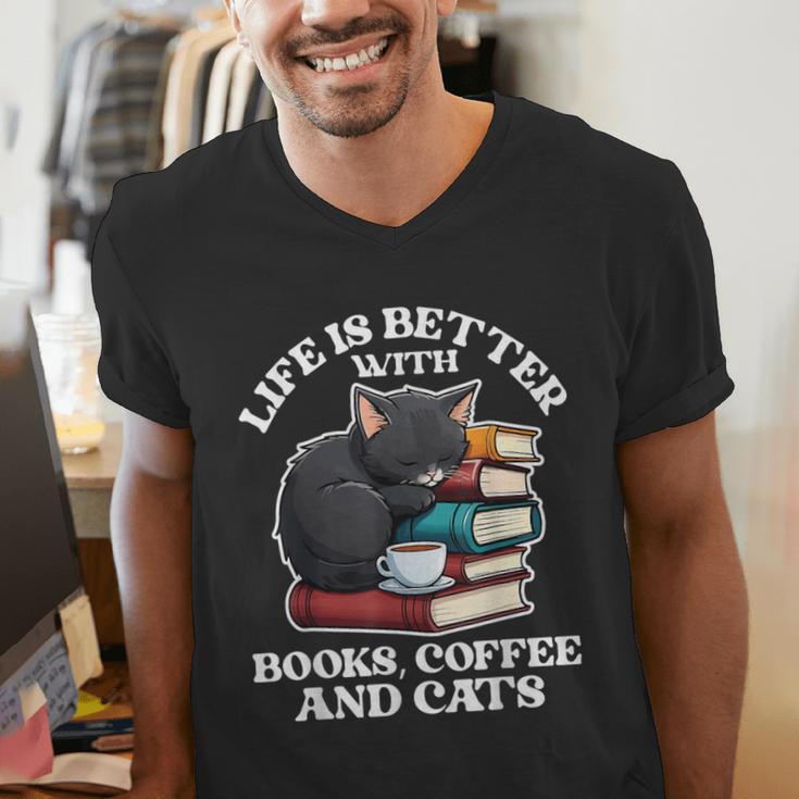 Life Is Better With Books Cats & Coffee Librarian Book Lover Men's V-Neck T-Shirt