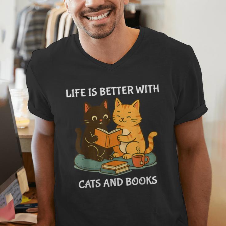 Life Is Better With Cats And Books Cute Cat Lover Men's V-Neck T-Shirt