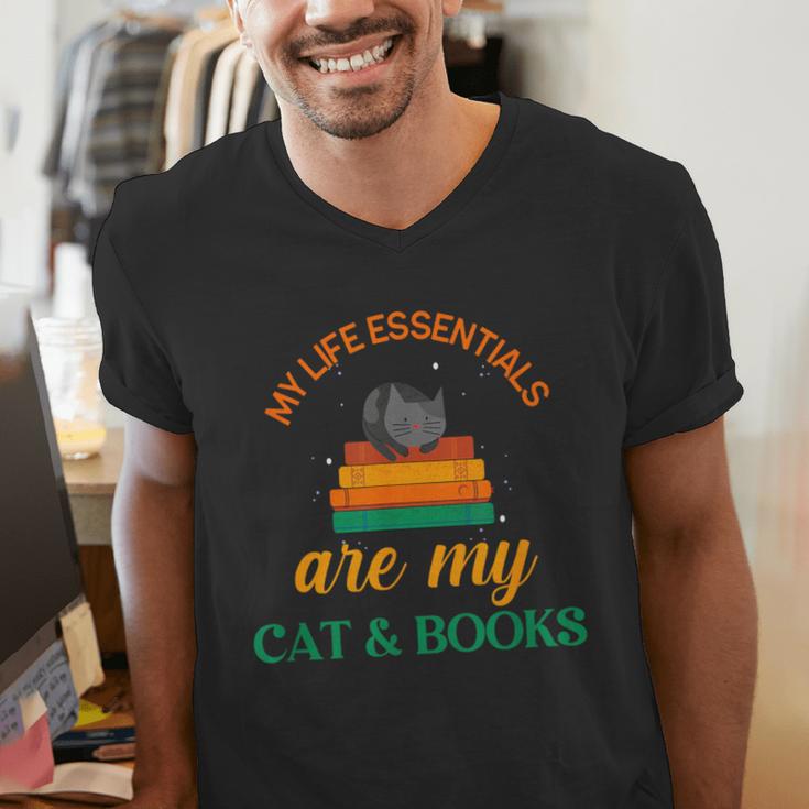 My Life Essentials Are Cat And Books Men's V-Neck T-Shirt