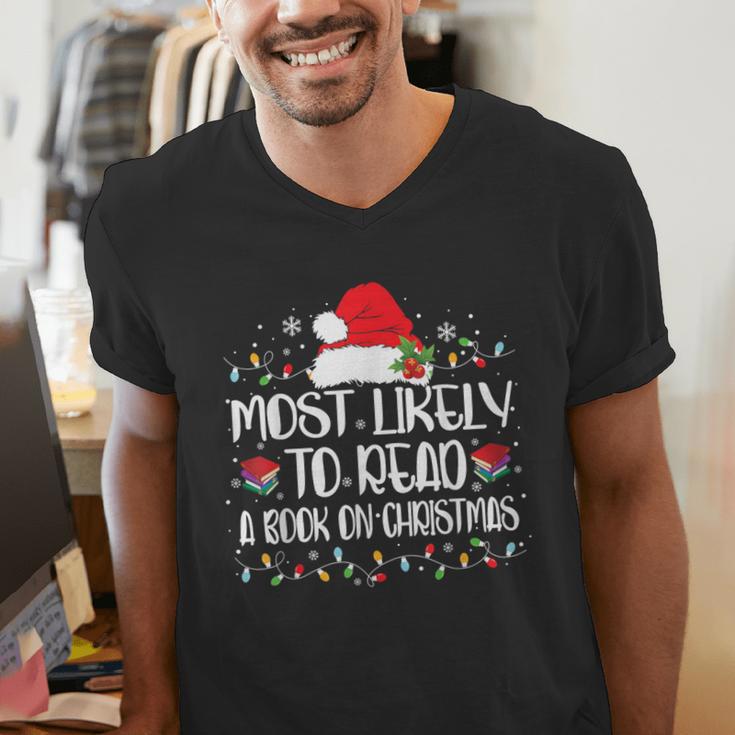 Most Likely To Read A Book On Christmas Family Matching Men's V-Neck T-Shirt