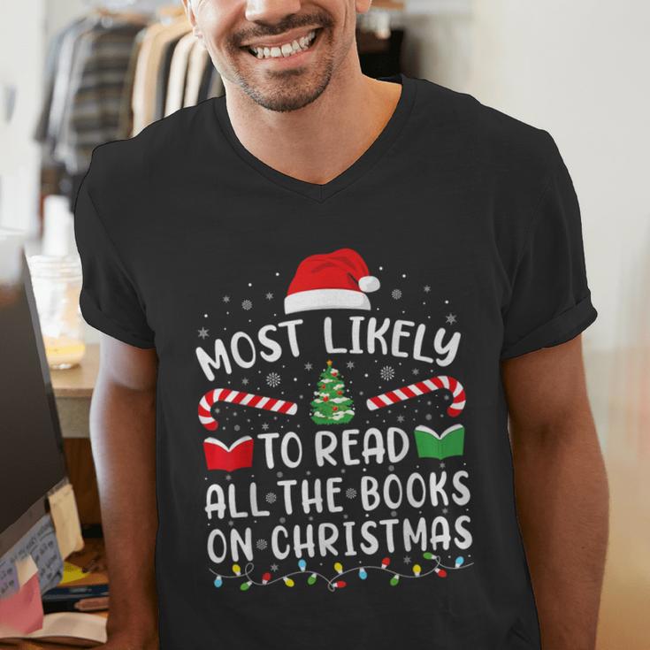 Most Likely To Read A Book On Christmas Family Matching Xmas Men's V-Neck T-Shirt
