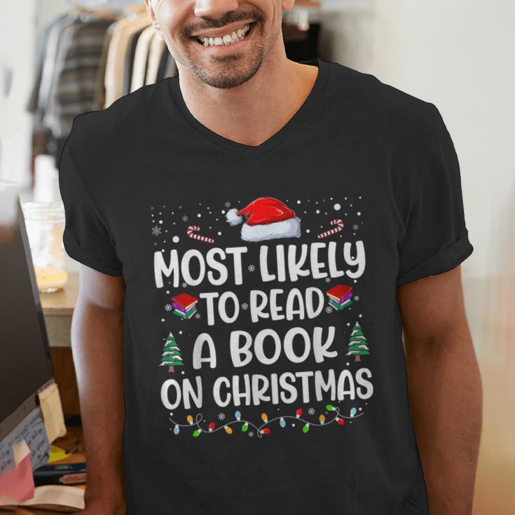 Most Likely To Read A Book On Christmas Matching Family Xmas Men's V-Neck T-Shirt