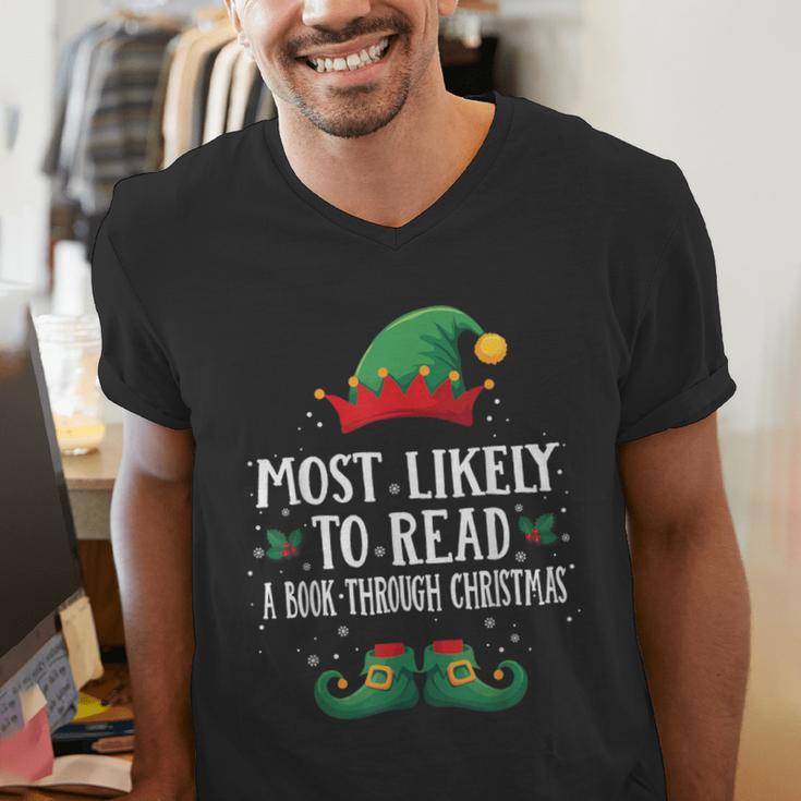 Most Likely To Read A Book Matching Christmas Elf Men's V-Neck T-Shirt Most Likely To Read A Book Matching Christmas Elf Men's V-Neck T-Shirt