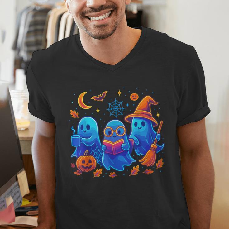 Little Ghost Coffee Tee Spooky Season Ghost Reading Book Men's V-Neck T-Shirt Little Ghost Coffee Tee Spooky Season Ghost Reading Book Men's V-Neck T-Shirt