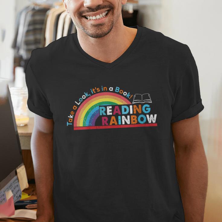 Take A Look A Book Vintage Reading Librarian Rainbow Men's V-Neck T-Shirt