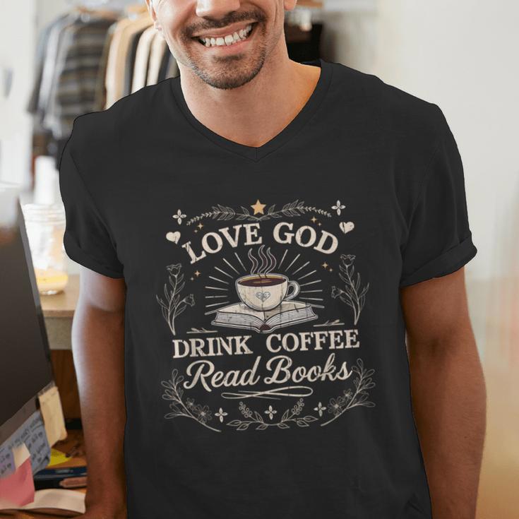 Love God Drink Coffee Read Books Coffee & Jesus Men's V-Neck T-Shirt Love God Drink Coffee Read Books Coffee & Jesus Men's V-Neck T-Shirt
