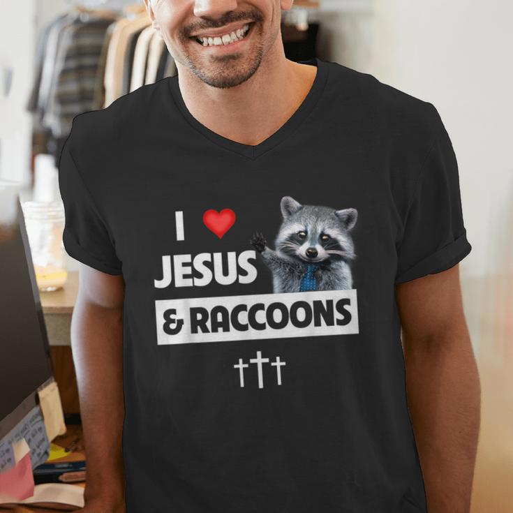 I Love Jesus And Raccoons Mom Dad Christian Love Jesus Bible Men's V-Neck T-Shirt