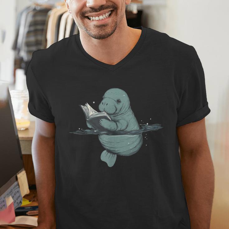 Manatee Reading Book Bookworm Manatees Ocean Animal Lover Men's V-Neck T-Shirt Manatee Reading Book Bookworm Manatees Ocean Animal Lover Men's V-Neck T-Shirt