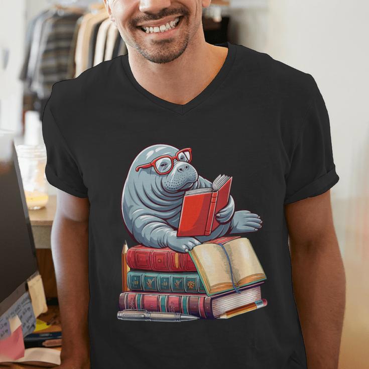 Manatee Reading Books Matching Bookworm Readers Librarian Men's V-Neck T-Shirt Manatee Reading Books Matching Bookworm Readers Librarian Men's V-Neck T-Shirt
