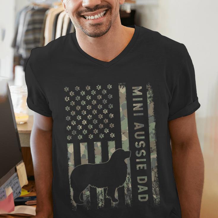 Mini Aussie Dad Australian Shepherd Dog Camo USA Flag Men's V-Neck T-Shirt Mini Aussie Dad Australian Shepherd Dog Camo USA Flag Men's V-Neck T-Shirt
