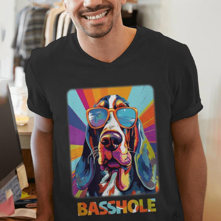 Mom & Dad Of a Basshole Basset Hound With Glasses -Adults Short Sleeve Men's V-Neck T-Shirt