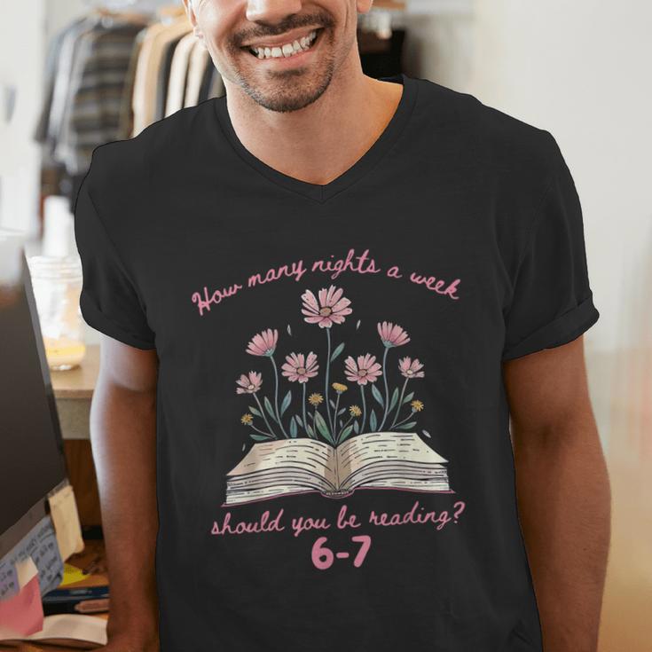 How Many Nights Reading 67 Meme Floral Book Lover Teacher Men's V-Neck T-Shirt How Many Nights Reading 67 Meme Floral Book Lover Teacher Men's V-Neck T-Shirt