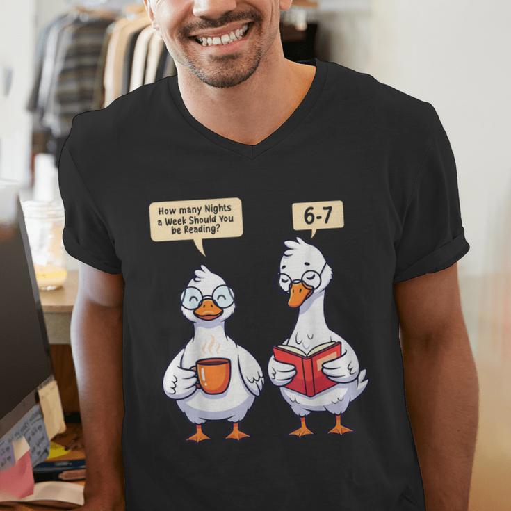 How Many Nights Reading Goose Book Lover Reader Men's V-Neck T-Shirt