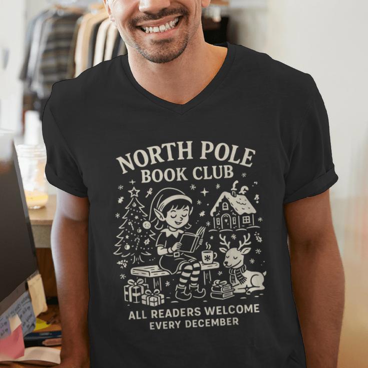 North Pole Book Club Christmas Elf Bookish Retro Graphic Men's V-Neck T-Shirt