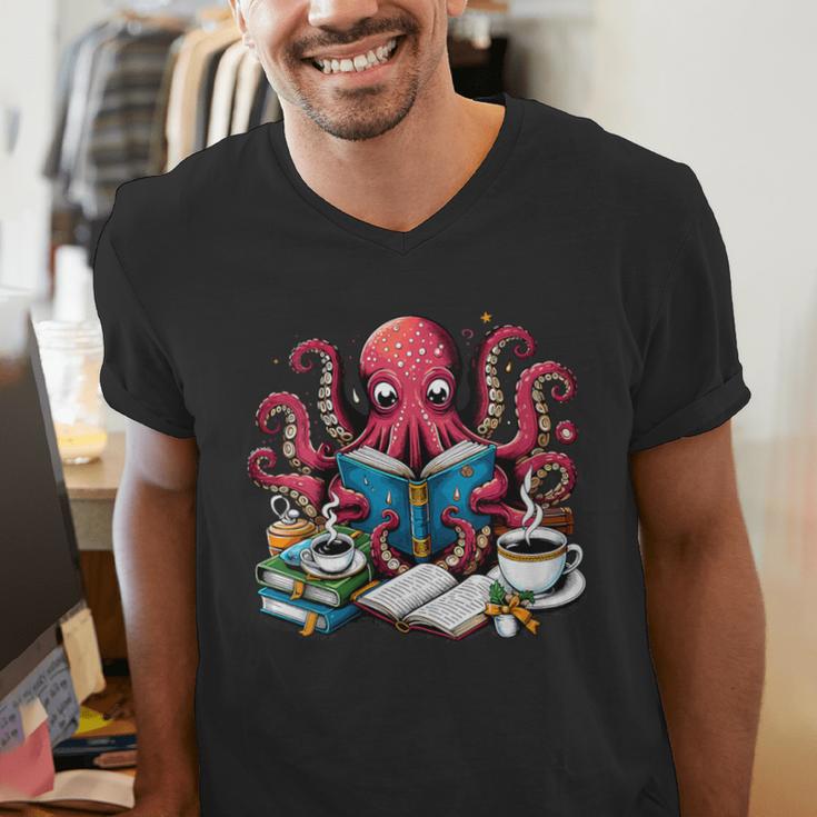 Octopus Reading Book Coffee Lover Bookaholic Bookworm Reader Men's V-Neck T-Shirt Octopus Reading Book Coffee Lover Bookaholic Bookworm Reader Men's V-Neck T-Shirt