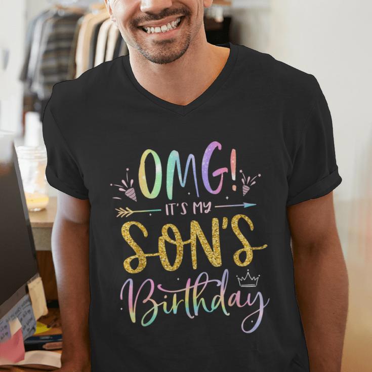 OMG It's My Son's Birthday Happy Bday Tie Dye Mom Dad Men's V-Neck T-Shirt