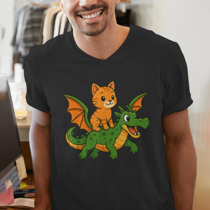 Orange Cat Dragon Riding Animal Lover Mom Dad Kids Men's V-Neck T-Shirt
