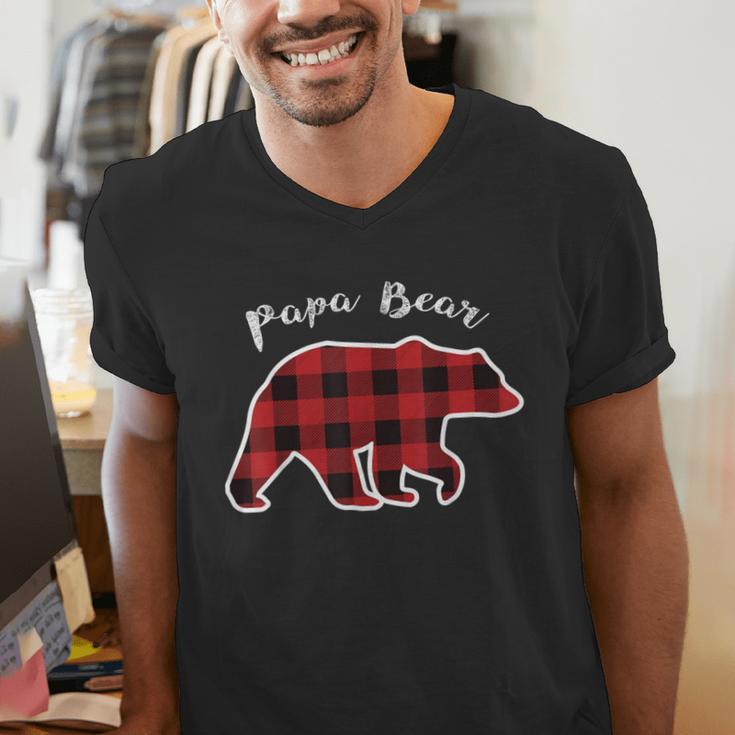 PAPA Bear Men Red Plaid Christmas Pajama Family Dad Small Men's V-Neck T-Shirt