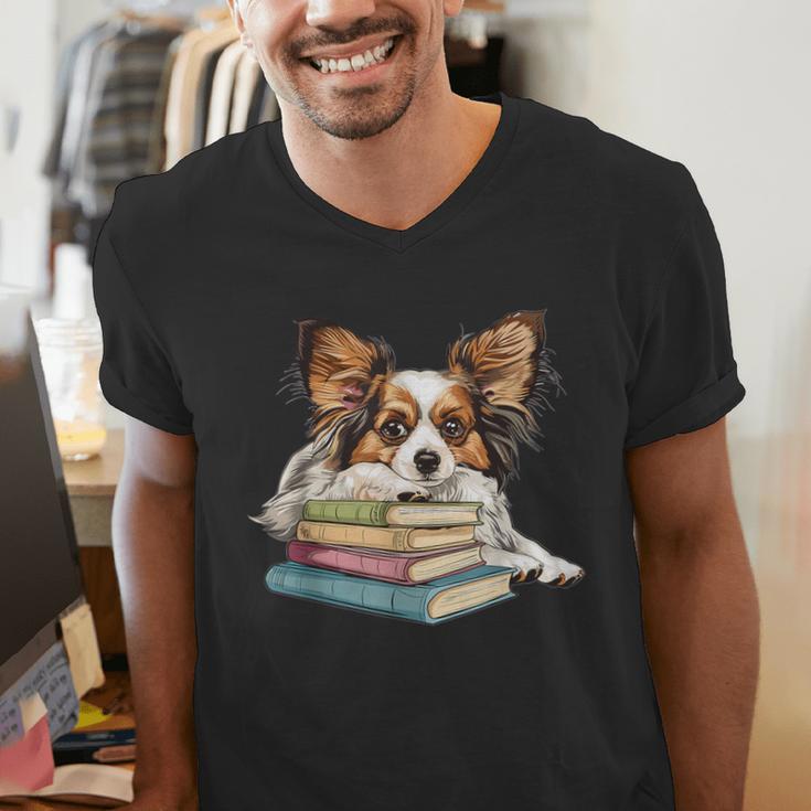 Papillon Books Reading Dog Breed Graphic For Men Women Kids Men's V-Neck T-Shirt