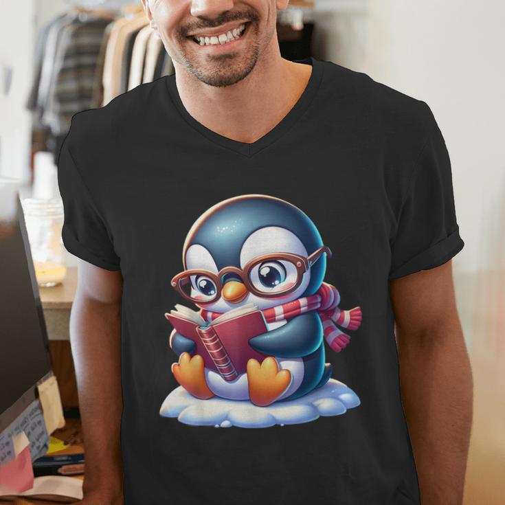 Penguin Reading a Book Animal Men's V-Neck T-Shirt Penguin Reading a Book Animal Men's V-Neck T-Shirt
