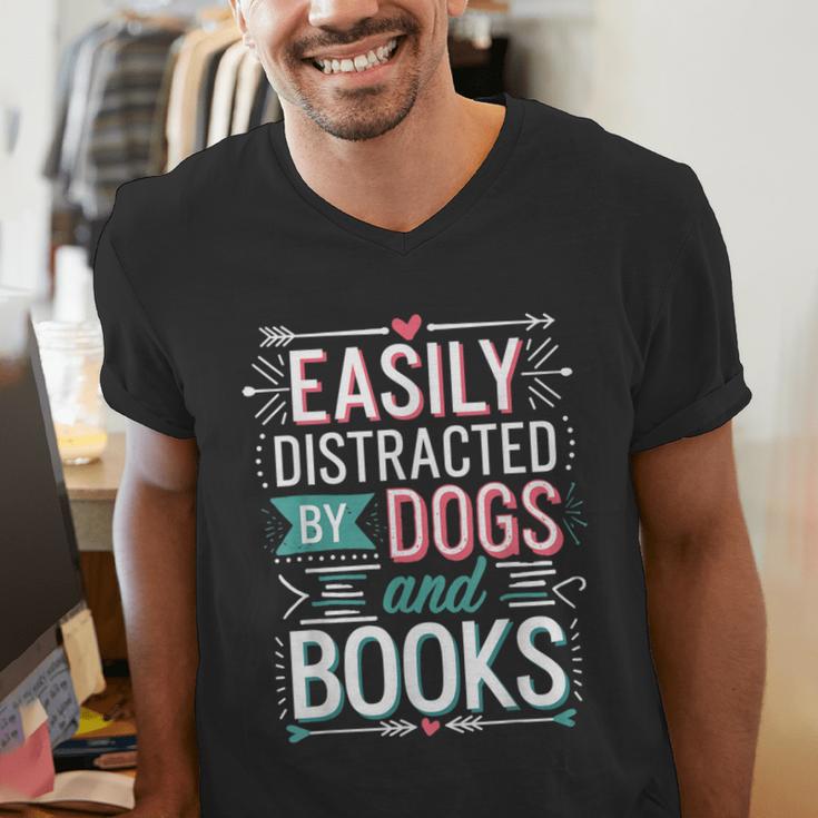 Pet Lover Easily Distracted By Dogs And Books Joke Men Men's V-Neck T-Shirt