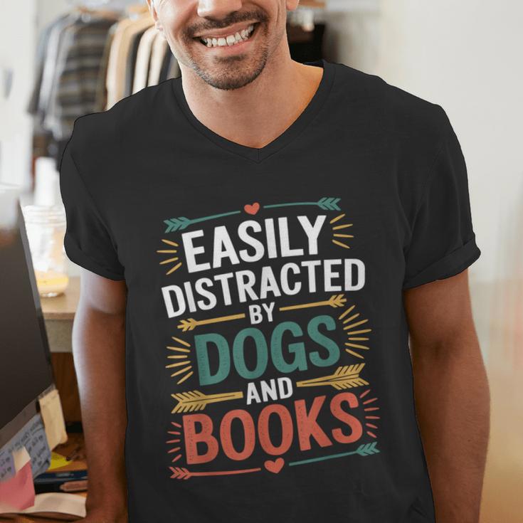 Pet Lover Joke Easily Distracted By Dogs And Books Men Men's V-Neck T-Shirt Pet Lover Joke Easily Distracted By Dogs And Books Men Men's V-Neck T-Shirt