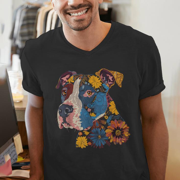 Pitbull Floral Dog Lover Vintage Flower Art Pitbull Mom Dad Men's V-Neck T-Shirt