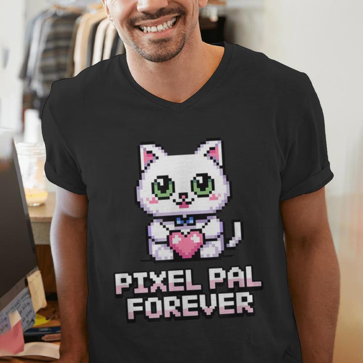 Pixel Art Pet Cat Y2K Retro Vintage Digital Nostalgia Tech Men's V-Neck T-Shirt