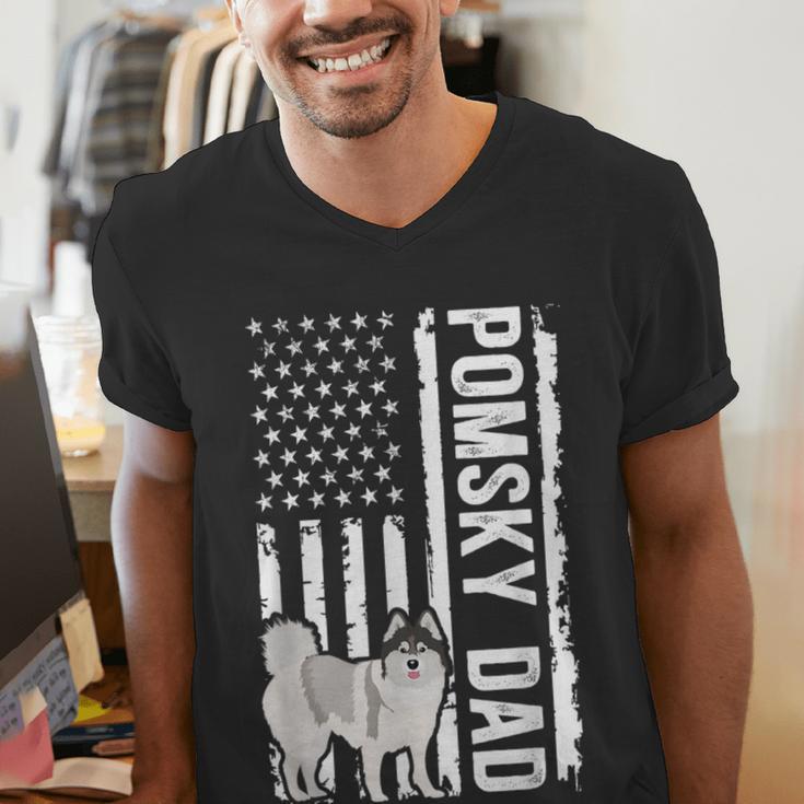 Pomsky Dad American Flag Pomsky Owner Pomsky Lover Men's V-Neck T-Shirt