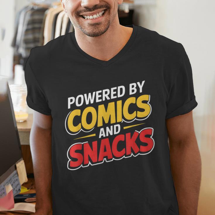 Powered By Comics And Snacks Comic Book Lover Men's V-Neck T-Shirt