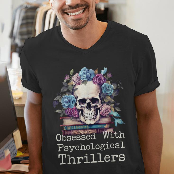 Psychological Thriller Reader Fan Skull Flowers Books Men's V-Neck T-Shirt